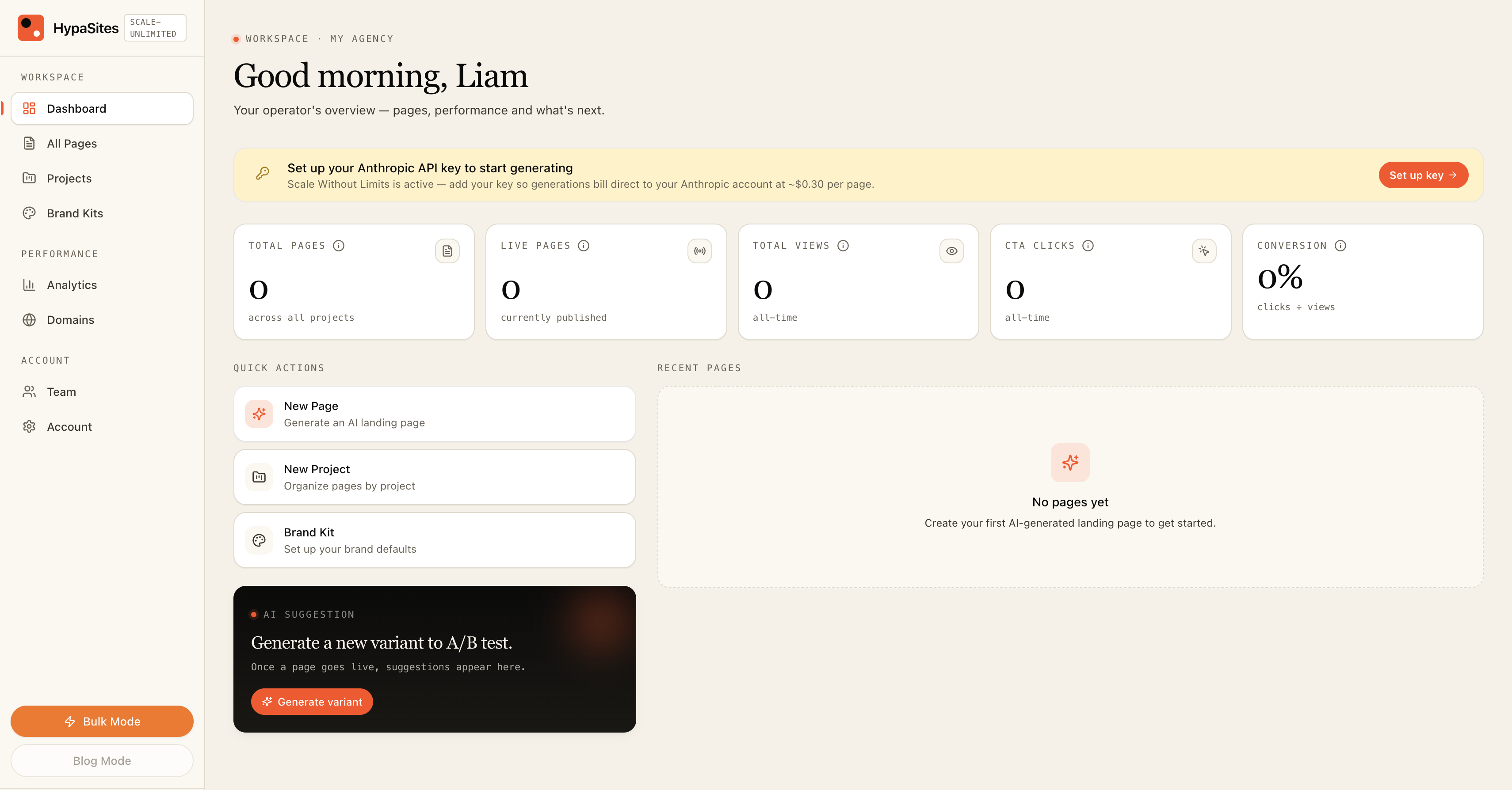 HypaSites dashboard after signing up