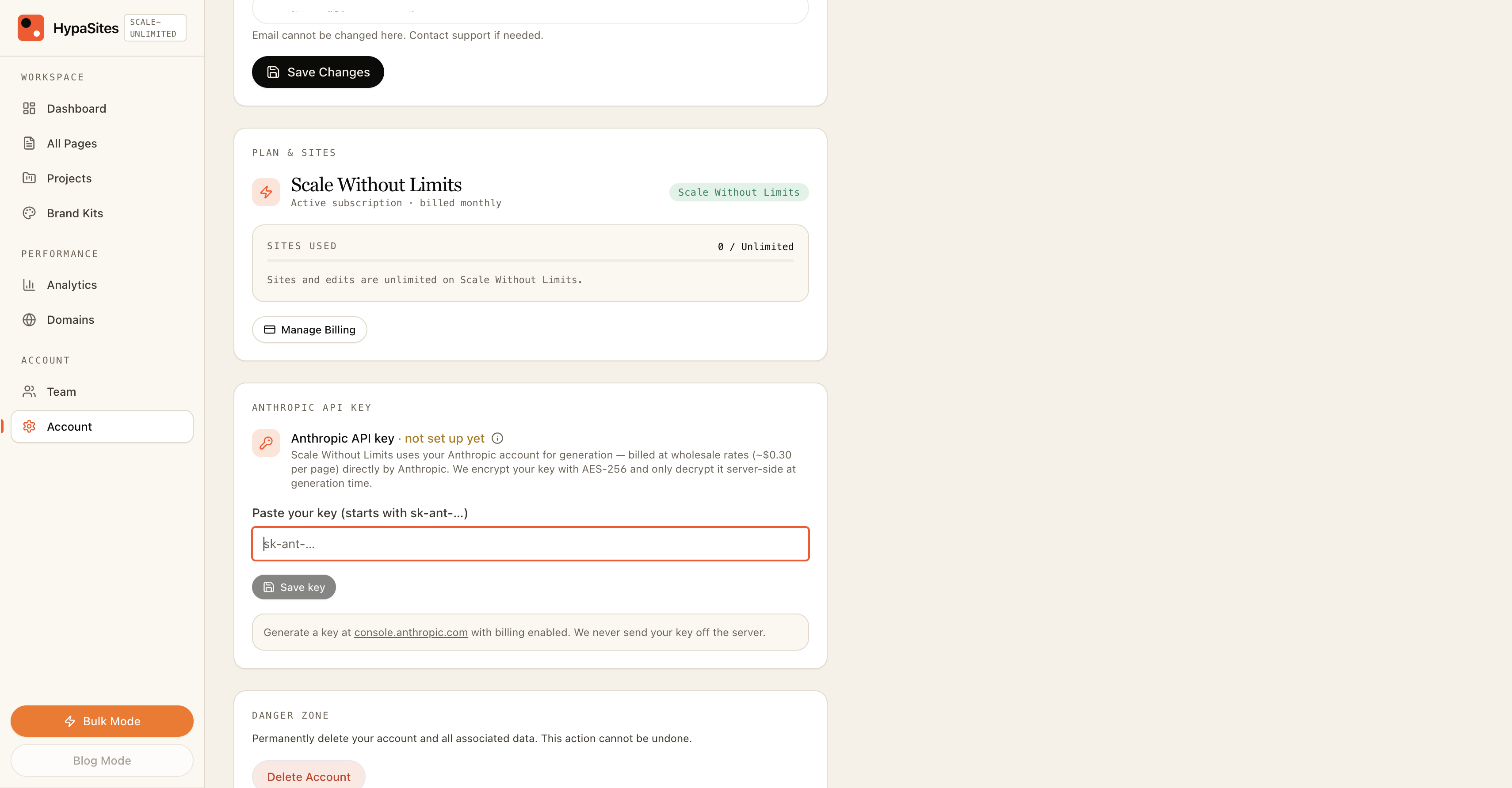 Connecting an Anthropic API key in HypaSites account settings