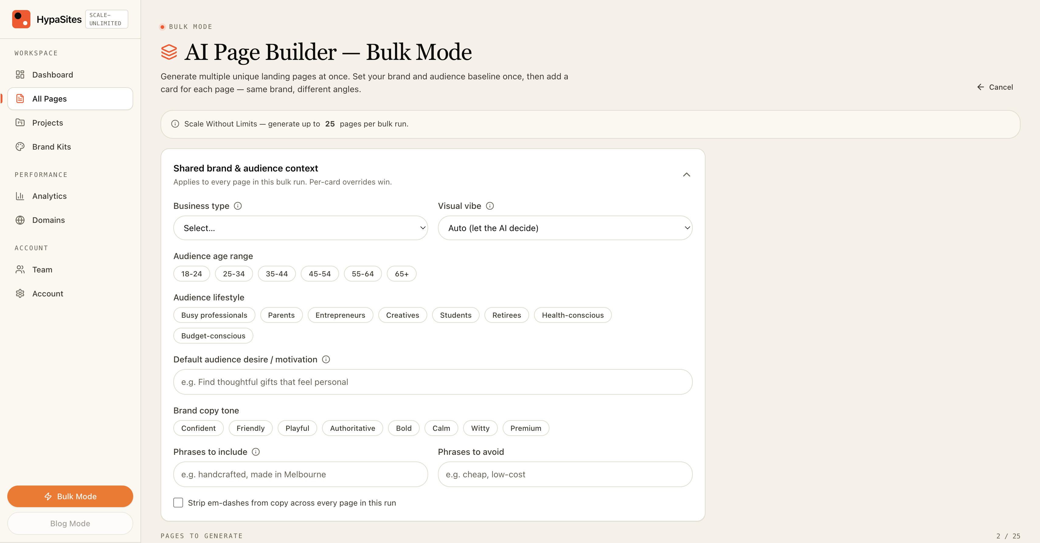 HypaSites Bulk Mode builder — shared brand and audience setup