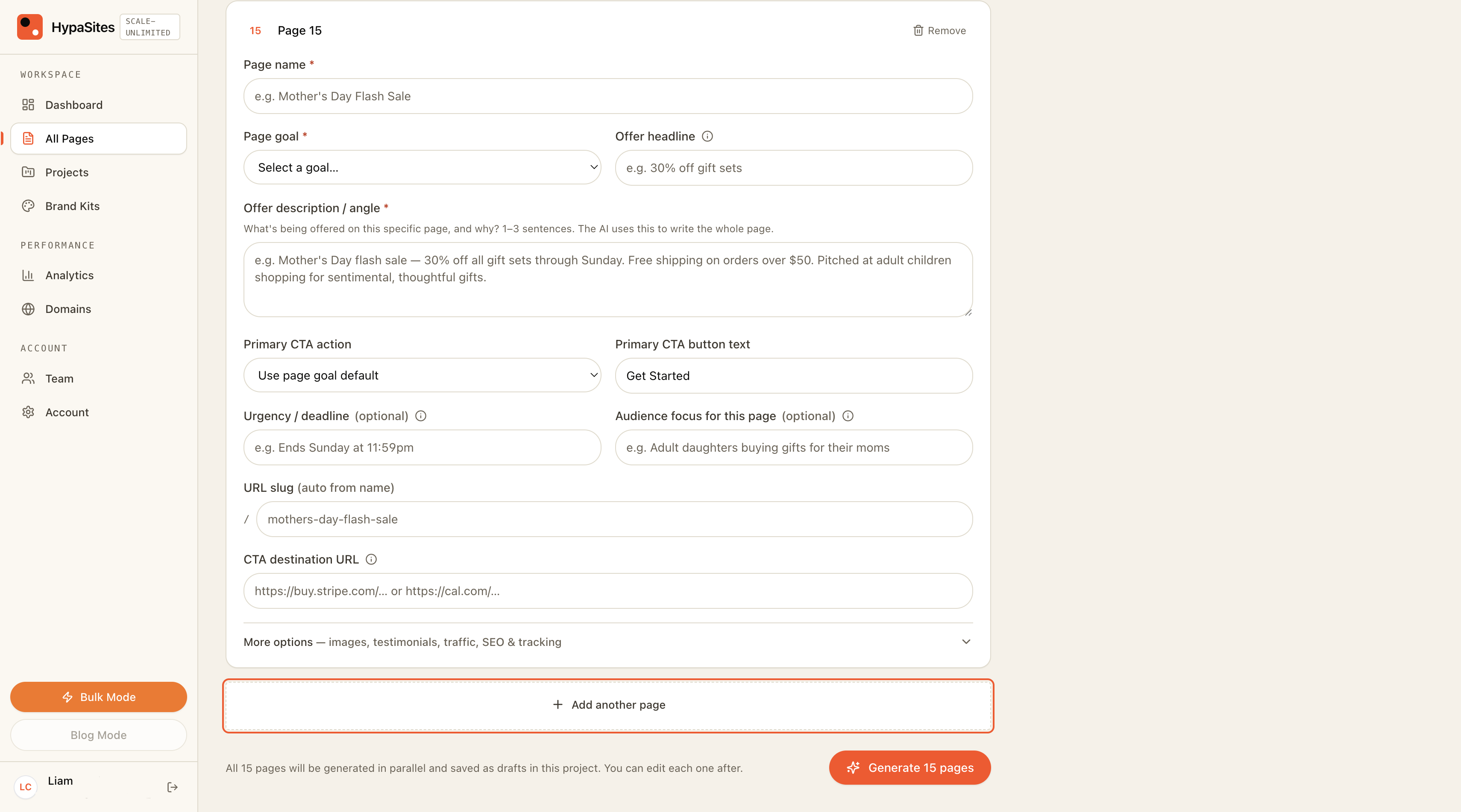HypaSites generating multiple landing pages in one bulk run